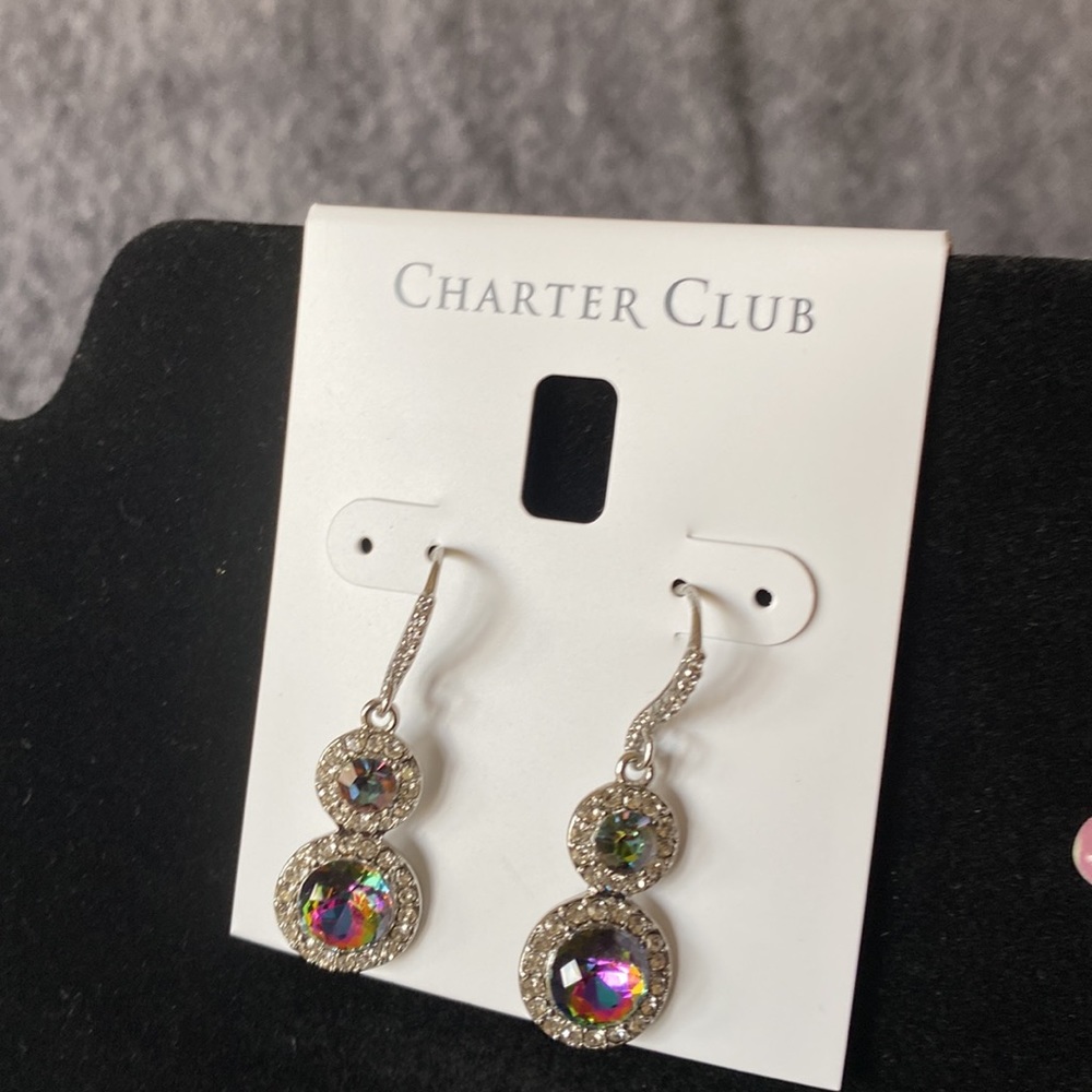 NET Silver Tone Pave’ & Stone Halo Double Drop Earrings Created for Macy’s - Picture 6 of 9